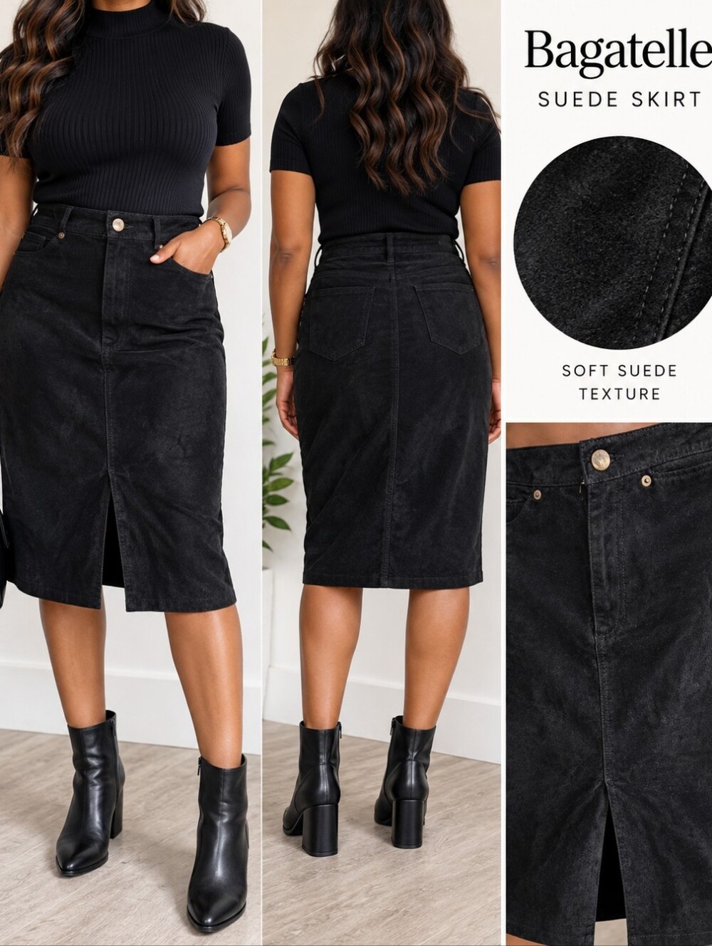bagatelle Black Suede Leather Pencil Skirt with Front Vent